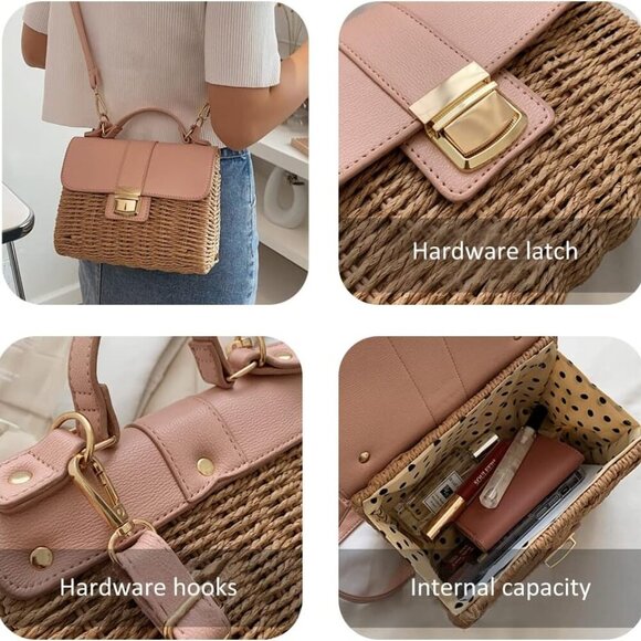 Small Straw Crossbody Bag Women Rattan Woven Top Handle Summer Beach Purse - Picture 3 of 7